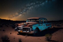 A Classic 1950s Chevy In The Middle Of The Desert At Night, Image Created With Generative AI Technology.
