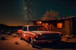 A classic 1975 Ford mustang in the middle of the desert at night, image created with Generative AI technology.