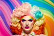 gorgeous drag queen with a vibrant makeup and colorful hair on a rainbow background, generative ai