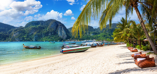 Wall Mural - panoramic view of the beautiful beach at koh phi phi don, popular destination for daytrippers and to