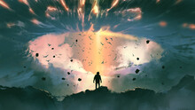 Man Standing On Top Of The Mountain, Looking At The Dark Sky With Beam Of Light Coming From Above, Digital Art Style, Illustration Painting