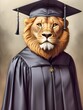 Retrato realista de un león vestido con una toga y birrete de graduación, IA Generativa