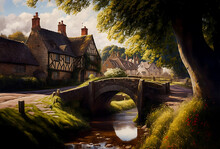 Traditional English Village With Arched Bridge, Stream And Half-timbered, Medieval Buildings