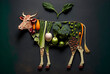 Plant-based meat created cow made of plants on dark background made with Generative AI technology