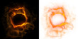 A flare radiates with a fiery energy, its bright light glowing with an abstract ring.  Ring of plasma and flame on black and transparent PNG background. 