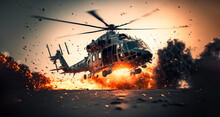 Air Crash. Burning Falling Helicopter. War Concept. Military Scene Of Flying Helicopter Fire Background Effect. Digital Art, Generative Ai