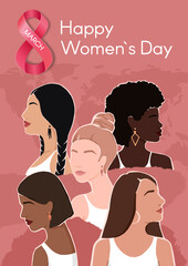 Wall Mural - Happy Women's Day poster. A Vertical card with an inscription and women with different skin colors. Flat vector modern illustration. The concept of equality.
