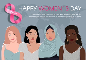 Wall Mural - Happy Women's Day poster. Horizontal card with an inscription and women with different skin colors. Flat vector modern illustration.