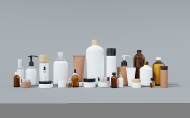 Wall Mural - group of different cosmetic bottles and jars 3d render