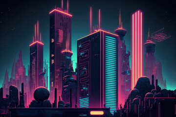 Sticker - futuristic city at night. Cityscape with blazing neon lights against a dark background. office structures. Illustration in the retro wave and cyberpunk styles. Generative AI