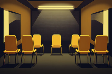 Poster - Empty press room, conference room or conference hall. Empty screen. Yellow and black chairs. Waiting for lecture or press concerence. Generative AI