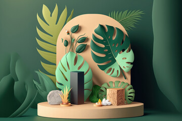 Sticker - exhibit atop a stone podium in the backdrop. On a green background, a natural rock pedestal features a shadow and a tropical palm leaf. marketing of cosmetic and beauty products using a plant. Image f