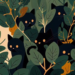 Cute black cats and lush foliage, flat vector illustration made with Generative AI
