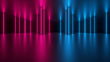 Wall Mural - sci fy neon glowing wave lines in a dark hall. reflections on the floor and ceiling. 3d rendering im