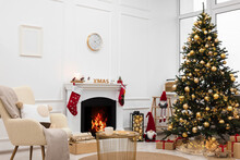 Living Room Interior With Beautiful Christmas Tree And Festive Decor