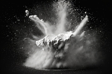 Wall Mural - Explosion of white talcum powder against a dark background. Splashing white dust particles. Generative AI