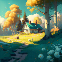 Wall Mural - landscape with house in forest