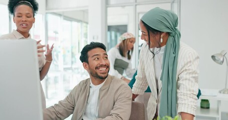 Learning, teamwork and computer with business people in office for strategy, project management or idea. Diversity, support and coaching with group of employee in startup for leadership, goals or web