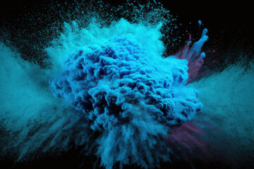 Canvas Print - eruption of blue powder against a black background. cloud with color. Bright dust explodes. Color Holi. Generative AI