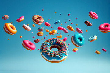 Donuts of different colors on a blue background. Created with generative Ai technology.