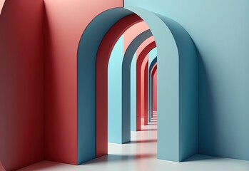 Perspective of geometric arch hallway. Colorful three dimensional illustration generated by AI
