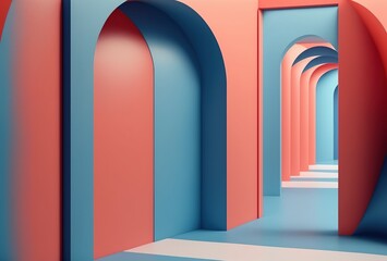 Colorful hallway archway perspective. Colorful three dimensional illustration generated by AI