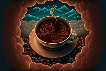 Canvas Print - Delicious espresso with coffee beans steaming in a cup. view from the top. a gloomy background. Generative AI