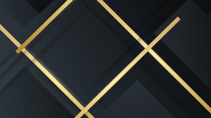 Abstract black geometric background with gold lines. Golden invitation, brochure or banner with minimalistic geometric style. Gold lines, Glitter, Frame, Vector Fashion Wallpaper, Poster, Blackboard.