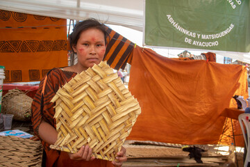 Wall Mural - Ashaninka artisan woman with a basket made of palm fronds