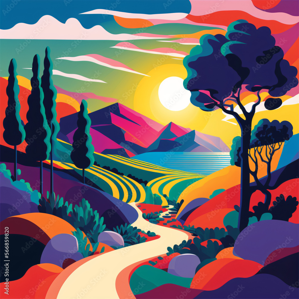 colorful landscape psychedelic pop art deco and fauvism style illustration  Generative Ai Stock Illustration | Adobe Stock, image size:1000x1000