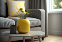 Close Up On Grey Vase On Pad On Round Table In Modern Living Room Interior With Yellow. Real Photo. Generative AI