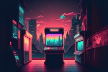 Arcade Machine On City Background With 80s Colors, Digital Illustration, Generative AI
