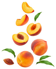 Poster - Levitating peach isolated. Composition of peaches, peach halves and slices with green leaves on a white background.