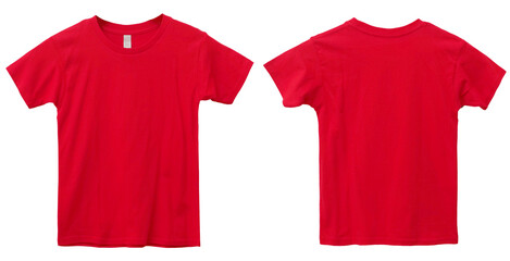 Red kids t-shirt mock up, front and back view, isolated. Plain red shirt mockup. Tshirt design template