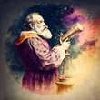 Galileo Galilei looking at the stars with a telescope watercolor painting isolated on a white background Generative Ai