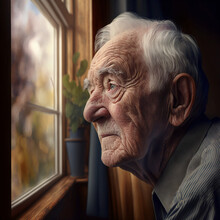 Portrait Of An Old Man Looking Through A Window With A Thoughtful Expression Generative Ai