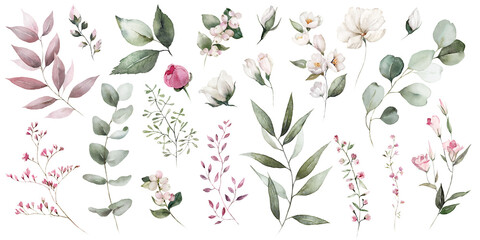 Wall Mural - Watercolor floral illustration bouquet set - green leaves, pink peach blush white flowers branches. Wedding invitations, greetings, wallpapers, fashion, prints. Eucalyptus, olive, peony, rose.