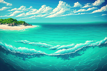 Clear turquoise, a rippling sea, and a brilliant blue sky. a peaceful haven. Generative AI