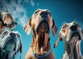 Wall Mural - Groups of dogs looking into the distance with interest and anxiety, against the background of the sky and clouds, created with generative AI technology. Bottom view. Close-up.