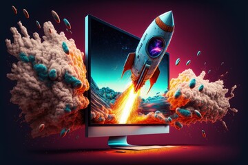 Rocket coming out of pc monitor screen, startup concept, gradient background. Generative AI