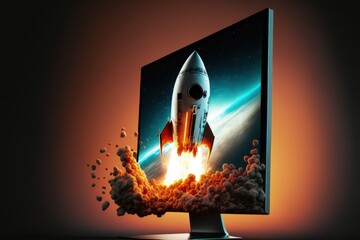 Rocket coming out of pc monitor screen, startup concept, gradient background. Generative AI
