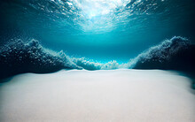 Blue Ocean Surface Seen From Underwater. Underwater Background Bottom And Waves. 3D Illustration. Generative AI