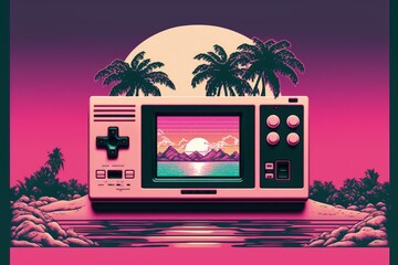 Old video game console with landscape in the background, 16 bit retro. Generative AI	