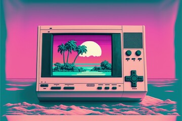 Wall Mural - Old video game console with landscape in the background, 16 bit retro. Generative AI	