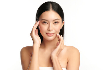 Beautiful young asian woman with clean fresh skin on white background, Face care, Facial treatment, Cosmetology, beauty and spa, Asian women portrait.