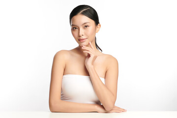 Wall Mural - Beautiful young asian woman with clean fresh skin on white background, Face care, Facial treatment, Cosmetology, beauty and spa, Asian women portrait.