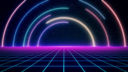 Sticker - Retro style 80s-90s neon background. Futuristic Grid landscape. Digital Cyber Surface. Suitable for design in the style of the 1980s-1990s. 3D illustration
