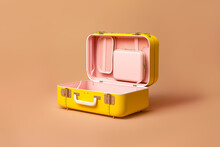Opened Vintage Suitcase Of Stylish Empty Vintage Square Suitcase With Red Textile On Pink Background. Generative AI Image.