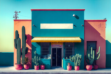 Retro and classic building with colorful walls of residential building near potted cactus and window on sunny day. Generative AI illustration.