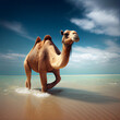 Bactrian camel walks on clear transparent blue water on Red Sea by an exotic beach, generative AI